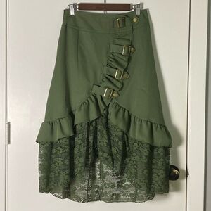 Steampunk Green Floral Lace And Buckle Detail High-Low Midi Skirt Size Large